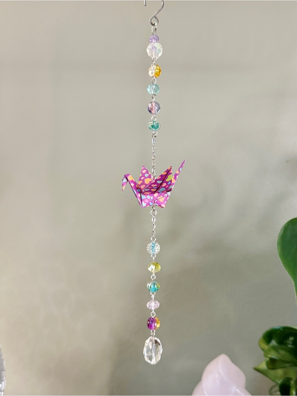 Origami Ornament #2559 - Small Crane with Glass Beads